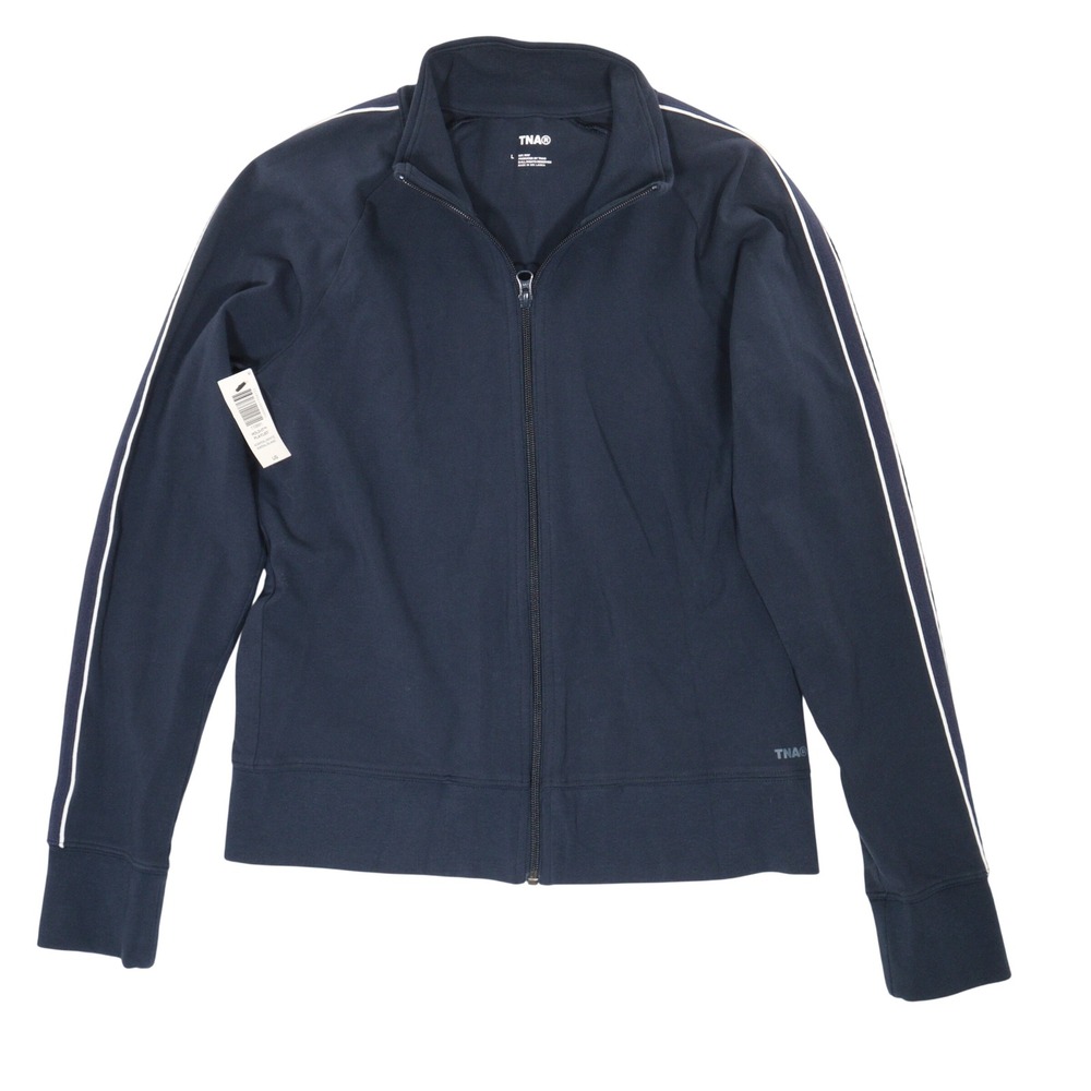 TNA Aritzia Track Jacket Women L Hold-It Playlist Full Zip Side Stripe Navy NWT